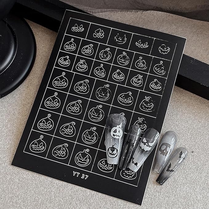 Halloween Nail Stickers Airbrush Stencils Stickers for Nail Art with Skull Ghost Witch Bat Pumpkin Grimace Designs Supplies Design Nail Guide for Manicure Nails Decoration 6 Sheets