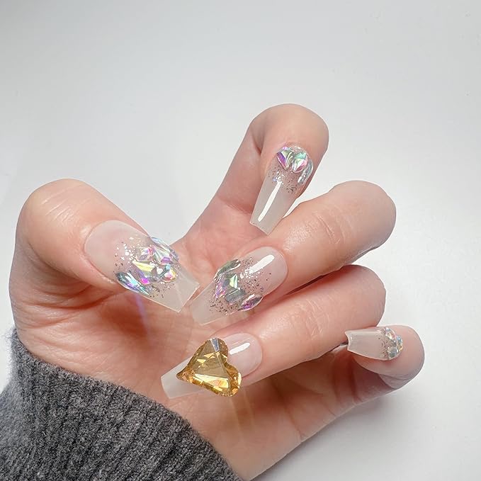 Acrylic Handmade Press On Nails long,3D White Gel Coquette Thick Strong Glue On Nails,Rhinestone Heart Designs Coffin Fake Nails Kit Reusable,10 Nails Size S,#457