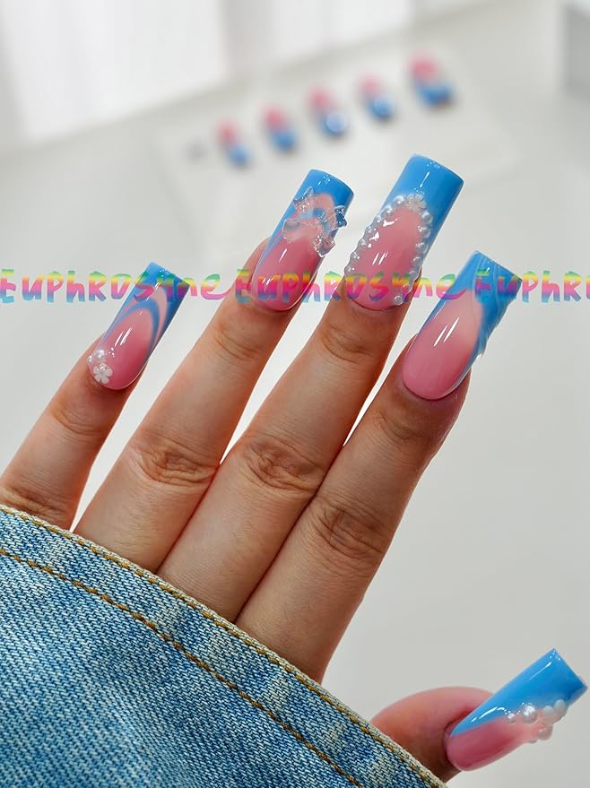 Euphrosyne Kawaii Press On Nails – 10pcs Medium Square Fake Nails in Blue and Pink with Pearls, 3D Flowers & Wavy Designs | Cute Korean Y2K Stick-On Nails for Girls and Teens