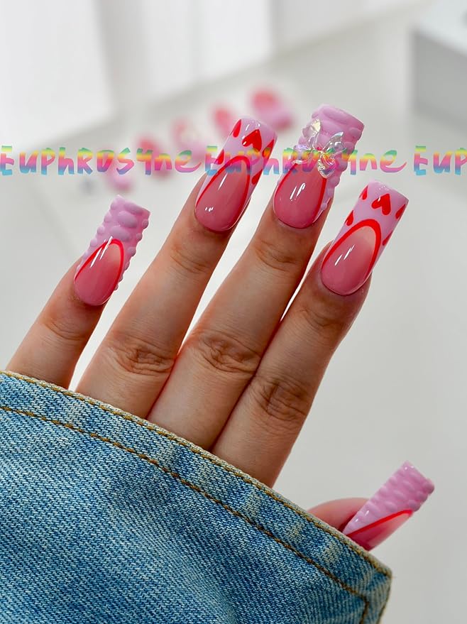 Euphrosyne Valentine Press On Nails – 10pcs Long Coffin Fake Nails in Pink with Red Heart Prints, Glitter Bows &Crystal Charms | Romantic Kawaii Stick-On Nails for Girls