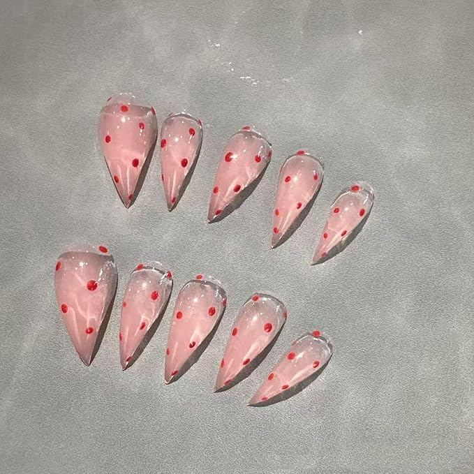 Handmade Press on Nails Red Polka Dot Fake Nails Designs Extra Curved Stick on Nail Full Cover Pink Eagle Claw False Nails Luxury Thicked Long Stiletto Acrylic Nail for Women (Size S)