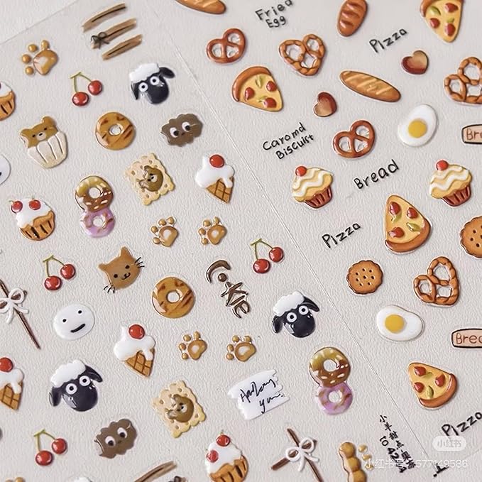 Dedyel Food Nail Art Stickers 3D Cake Dessert Donut Ice Cream Cookies Fruit Bread Self-Adhesive Nail Stickers for Women Girls Kids