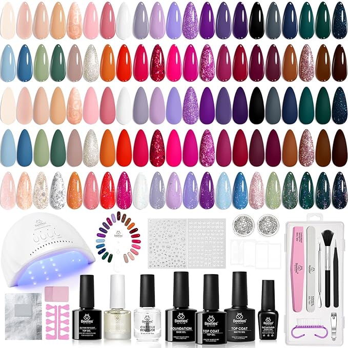 Beetles Gel Nail Polish Kit with U V Light, 75PCS Gel Nail Kit with Base Top Coat 45 Colors Gel Polish Set Burgundy Red Exquisite Femininity Manicure Set Home Salon DIY Gifts for Women Girls Teens