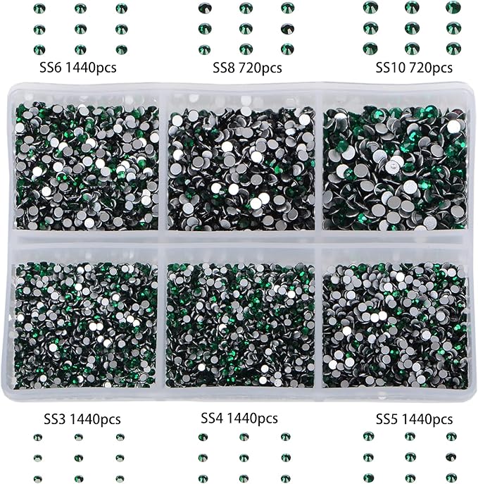 Bymitel 7200 Pieces 6 Mixed Sizes Glue Fix on Glass Rhinestones Round Crystal Gems Flatback for DIY Jewelry Making with one Picking Pen(6-Sizes 7200PCS, Emerald)