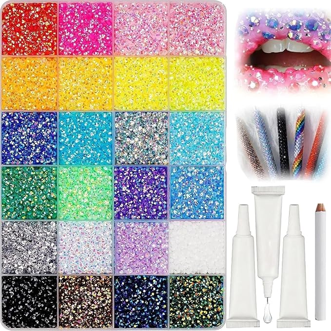 Colorful DIY Resin Rhinestone Kit for Bedazzling, Resin Jelly Rhinestones for Bedazzling, Multicolor 3mm Flatback Gems for Diamond Art 3Pcs B7000 Jewelry Glue for Bedazzled Nail Art (24000)