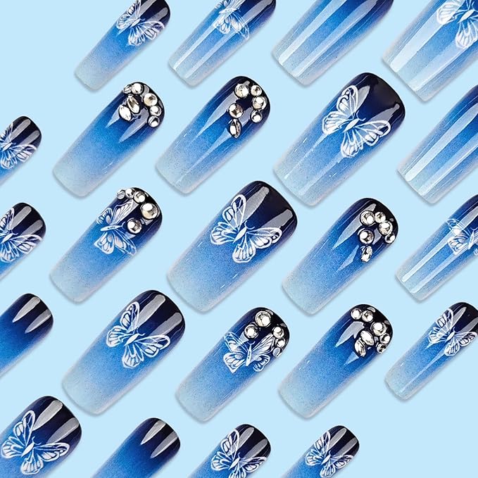 MISUD Press on Nails - Long Square Fake Nails with Blue Ombre, Acrylic Butterfly Design 24 pcs