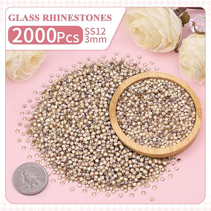 2000PCS SS12/3mm Crystal Rhinestones (Golden Shadow/Champagne) with 2Pcs 10ml B7000 Jewelry Glue, Bedazzling Flatback Glass Rhinestones for Crafting, Gems Diomand for Tumbler Shoes Clothing Nail Art