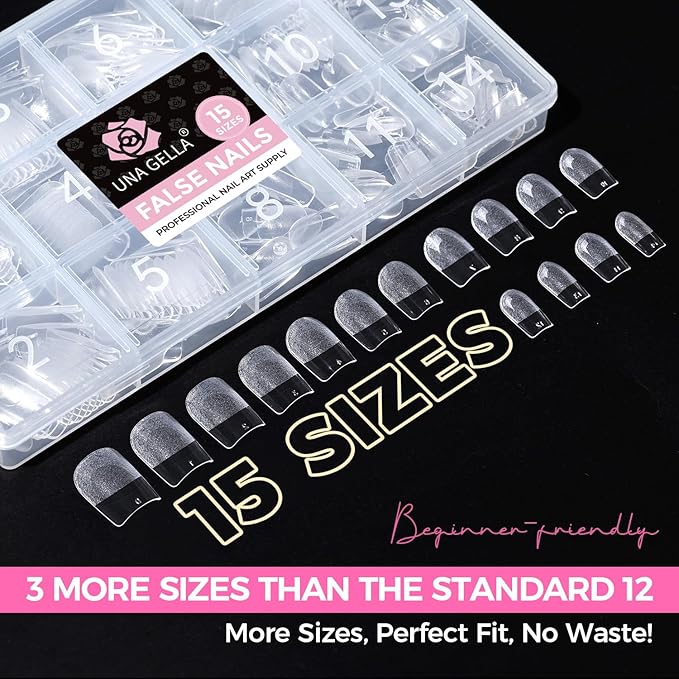 UNA GELLA Gel Nail Tips Square Short, 15 Sizes Short Square Press on Nails Pre Etched 300pcs Soft Gel Fake Nails Full Cover For Nail Extension Home DIY Salon for Flat & Curved Nail Beds