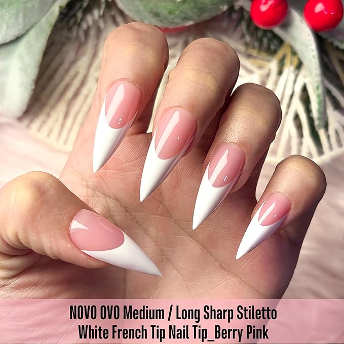 NOVO OVO White French Tip Sharp Stiletto Pointed Medium Long Nail Tips Press on Berry Pink, Soft Gel Fake Acrylic Extension, Full Cover False Nails for Salon DIY x 16 Sizes 160 pcs
