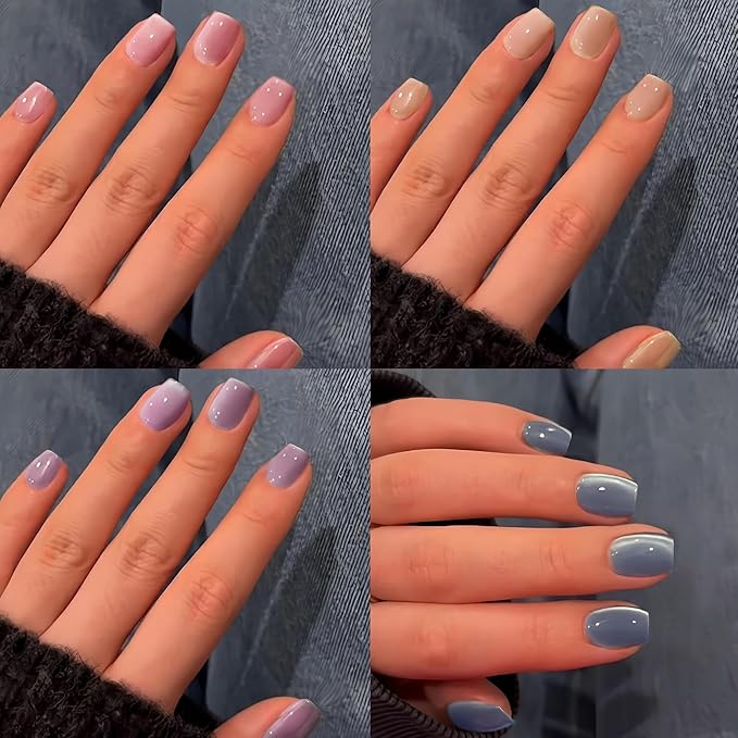 KQueenest 4 Packs Gel Press On Nails Short Square, Summer Press On Nails Cat Eye, Pastel Short Coffin Fake Nails Press Ons Chrome, Sparkle Glue On Nails for Women Small Sizes, 120 Pcs False Nails Kit