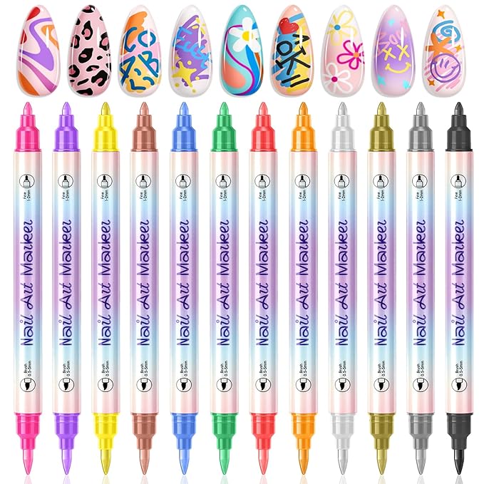SAVILAND 12 Colors Nail Polish Pens Set: 20s Quick-Drying Dual-Tip Acrylic Paint Nail Art Pens Fine Tip for Painting Nails, Drawing Dots, Lines & Designs, Home DIY Nail Art Supplies