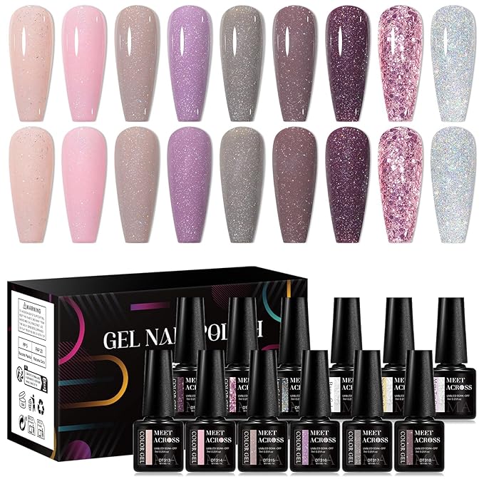 MEET ACROSS 9 Colors Gel Nail Polish + 3PCS Function Gel Nail Polish Kit,Fashion Nail Art Set Design Gifts for Women Manicure Salon (SET9, 12pcs)