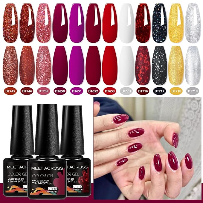 MEET ACROSS 12pcs Gel Nail Polish Set,Soak Off UV LED Lamp Gel Nail Polish Kit,Fashion Shimmer Nail Art Design Gifts for Women Manicure Salon (Red-1)