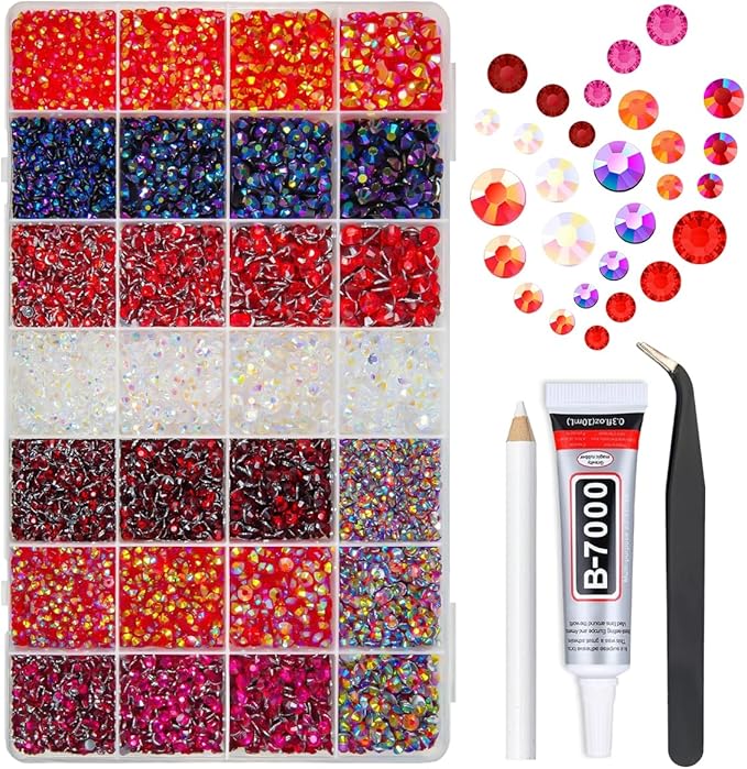 28 Types Red Jelly Resin Rhinestones w B7000 Jewelry Glue for Bedazzling Crafting 3mm-6mm Flatback Colorful Ruby AB Stones Gems Diamonds for Nails Face Makeup Crafts Tumblers Bottles Clothes