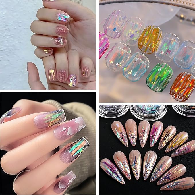 SILPECWEE 12 Boxes Glass Nail Foil Cellophane Aurora Nail Art Foil Sheets Glass Paper Laser Nail Stickers Iridescent Nail Designs Stickers Holographic Nail Film 3D Nail Decoration