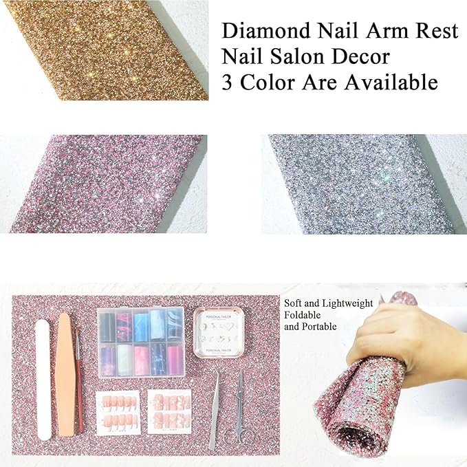 Crystal Nail Art Table Mat Shiny Manicure Hand Rest Pad Foldable Arm Rest for Nails Tech Practice Hand Holder Makeup Mat for Vanity Nail Art Tools