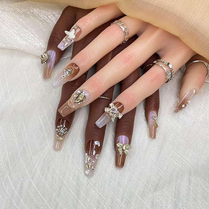 2025 Handmade Medium Nail Reusable PMMA Acrylic Press-on Nail Mixed Color Gradient w/Butterfly Petal Rhinestone Decoration Fake Nails Gifts for Women (Color Mixing Gradient, Medium)
