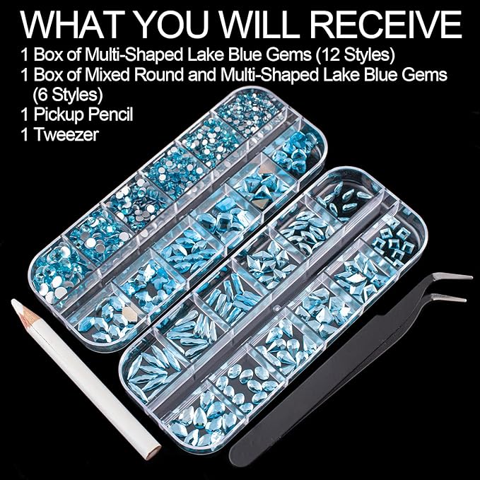 18 Styles Multi-Shaped Glass Gemstones for Nails and 6 Sizes Round Crystal Rhinestones Kit #8, Lake Blue Nail Art Charm Bead Manicure Decoration with Pickup Pencil and Tweezer