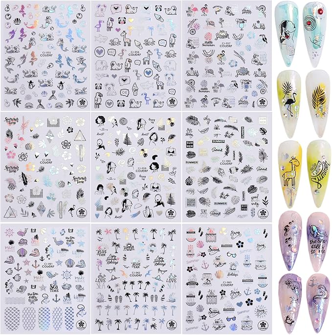 Silver Summer Nail Art Adhesive Sticker, Holographic Seaside Beach Nail Stickers Design, Mermaid Coconut Tree Flowers Leaf Animal Nail Art Decals for Women Manicure Charms Decor, Summer Transfer Decal