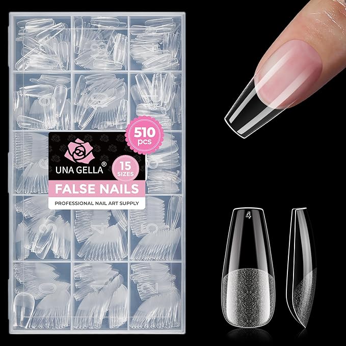 UNA GELLA Soft Gel Medium Coffin Nails Tips, 510Pcs 15 Sizes Pre-Buffed Full Cover False Nails, No File Needed Inner Matte Gel Tips, Clear PMMA Soak Off Acrylic Nail Extensions for DIY Nail Art