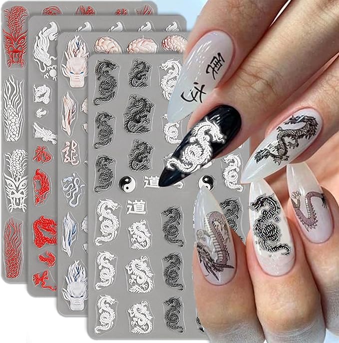 5D Embossed Dragon Nail Art Stickers for Designs - Black White Chinese Dragons Decals for Women - Manicure Supplies for Nails Decor