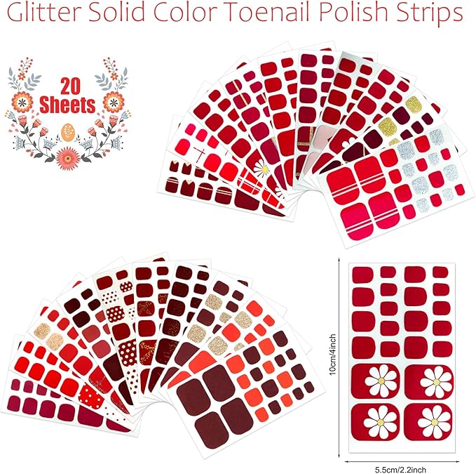 JERCLITY 440 Pieces 20 Sheets Red Solid Color Toenail Full Wraps Toe Nail Polish Strips Self-Adhesive Full Nail Stickers Red Nail Art Decals Strips with Nail File for Women Girls Kids Nail Art