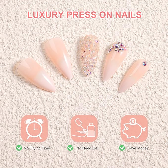 morily 24Pcs Ombre Press on False Nails with Design Glossy Pink Stiletto Fake Nails Kit Medium Length Long Luxury Crystal Acrylic Stick on Nails Tips Artificial Finger Manicure for Women