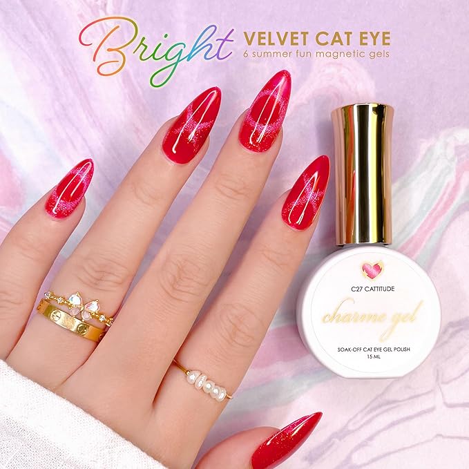 Daily Charme C27 Catitude Bright Velvet Cat Eye Magnetic Gel Nail Polish 15ml, Soak Off UV Led Gel Nail Polish Set, Home DIY/Nail Salon Manicure (Cherry Red)