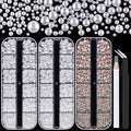 4000PCS Flatback Rhinestones and Half Round Pearls Kit #40, Multi Size Glass AB Crystals, Plastic Flat Back White Dome Bead with Pickup Pencil and Tweezer for Nail Art