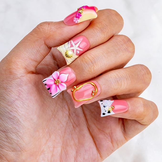10 Pieces Luxury Acrylic Press On Nails Short Handmade Duck Nails, Pink Thickened False French Nails, 3D Flowers, Conch Shells And Starfish, Reusable Fake Nails, Acrylic Nails (M)
