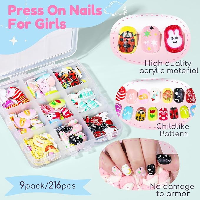 Teenitor 216pcs Press on Nails for Kids Girls Fake Nails, 9 Styles of Mini Nails for Girls Fake Nails for Kids, Christmas Press on Nails for Girls 10-12, Stick on Nails for Kids Little Girl