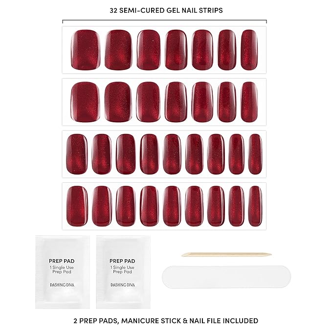 Dashing Diva Glaze Effects Nail Strip Set - Ruby Red Apple - Long Lasting, Chip Resistant, Semi-Cured Gel Nails - 4-Piece Manicure Set with 32 Strips