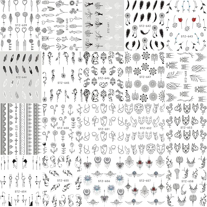 40 Sheets Flowers Nail Art Stickers, Holographic Flower Leaf Butterfly Pendant Necklace Feather Animal Line Nail Art Decals, Floral Resin Water Transfer Decal for Women Manicure Charms Decorations