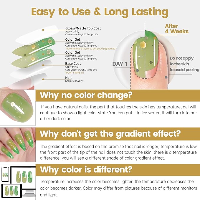 YTD Likomey Color Changing Gel Nail Polish,15ml Grass Green To Bright Green Shimmer Glitter Mood Temperature UV Gel,Fall Winter Yellow Thermal Ombre UV Color Nail Varnish,HEMA Free WB432
