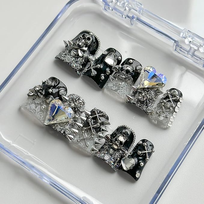 Halloween Luxury Press on Nails Short Duck Handmade 3D Unique Reusable ABS Material Fake Nails Black False Nails with Designs Rhinestones Spider Skull Glossy Glue on Nail Thick Acrylic Nail(M)
