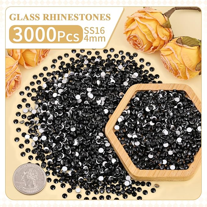 3000PCS SS16/4mm Crystal Rhinestones (Jet Black) with 2Pcs 10ml B7000 Jewelry Glue, Bedazzling Flatback Glass Rhinestones for Crafting, Gems Diomand Charms for Tumbler Shoes Clothing Mugs Nail Art