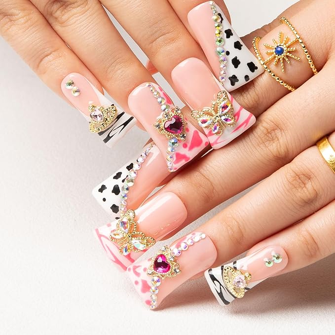 LOVFUL Press on Duck Nails Salon Quality Rolling Luxe Curve | Handmade Acrylic with Full Covered Crystals | Reusable Fake Nails | Duck Classic Regular 1.3 in | H144-S