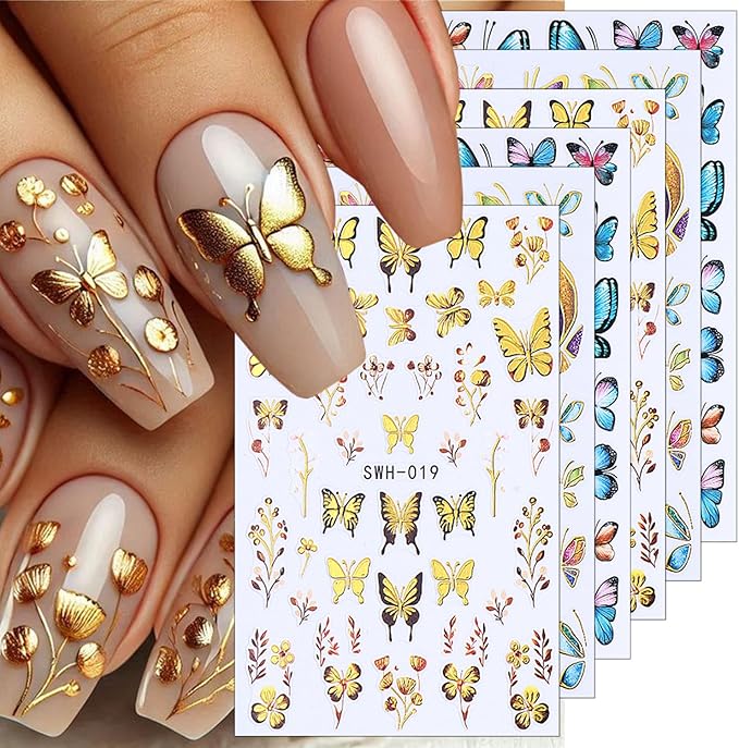 6 Sheets Butterfly Nail Decals for Nail Art Spring Flower Nail Stickers 3D Self-Adhesive Colorful Butterfly Nail Art Stickers Gold Floral Leaf Nail Decoration for Women Girls DIY Manicure Supplies
