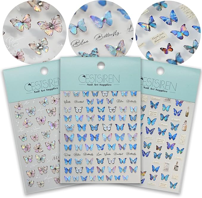 Blue Butterfly Nail Art Stickers Rhinestones Nail Decals for Nail Art Design Self-Adhesive Nail Accessories for Women Nail Art Supplies 3 Sheets