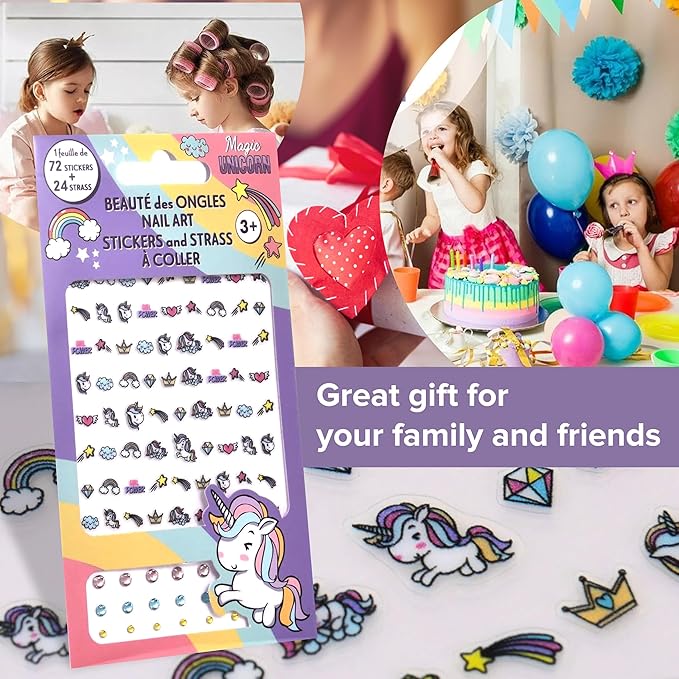 Unicorn Nail Stickers – 1 Sheet with 72 Stickers + 24 Rhinestones – Self-Adhesive Nail Art for Girls – Fun Activity & Gift Idea for Birthdays, Crafts, Party Bags and Playdates