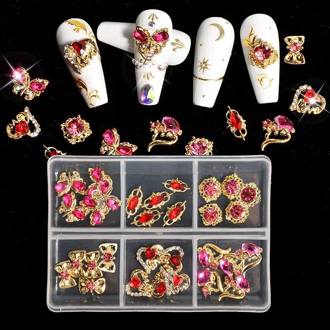 30Pcs Nail Charms 3D Mixed Butterfly Bow Tie Heart Fox Flower Shaped Nail Rhinestones Glitter Gems Metal Gold Rose Red Pink Nail Charms for Girl Women DIY Nail Art Craft Decoration