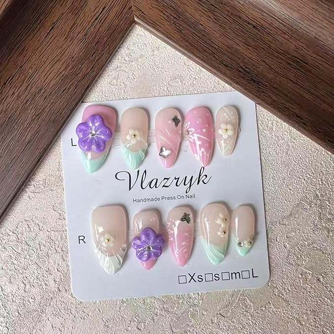 Handmade Press On Nails – Medium Almond Pink Purple Gradient French Tip Fake Nails,with 3D Flower Rhinestones – Thick Acrylic & Multi-Layer Gel, Reusable Luxury False Nails.