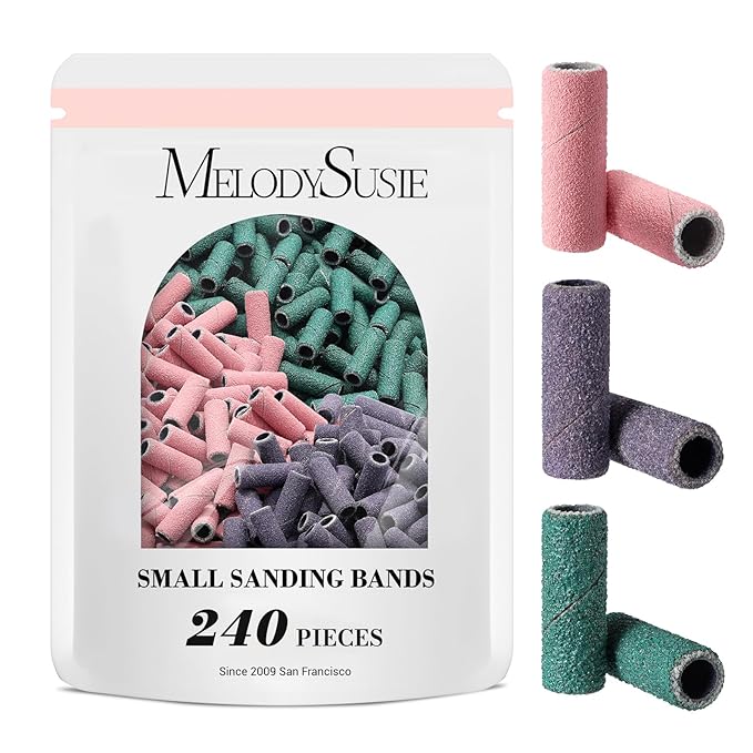MelodySusie 240 Pcs Nail Drill Bits Small Sanding Bands for 3.1mm Mandrel Bit, 120 Medium, 180 Fine, 240 Extreme Fine Grit for Acrylic Nails Gel Manicures and Pedicure, Colorful (Only Sanding Bands)