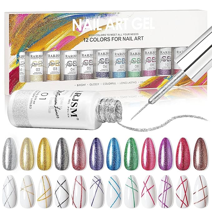 Painted Gel Nail Polish Set, Nail Art Metallic Liner Painting Polish Set U V L E D 12 Colors Platinum Liner Gel Champagne Glitter Silver Rosa Gold Green Blue Purple Paint for Nail Art Design