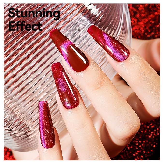 Cat Eye Gel Polish - Holographic Jelly Hot Pink Magnetic Nail Polish With Magnet, Red Color Translucent UV Gel Crystal Manicure Salon DIY for Valentine's Day at Home, 12ml