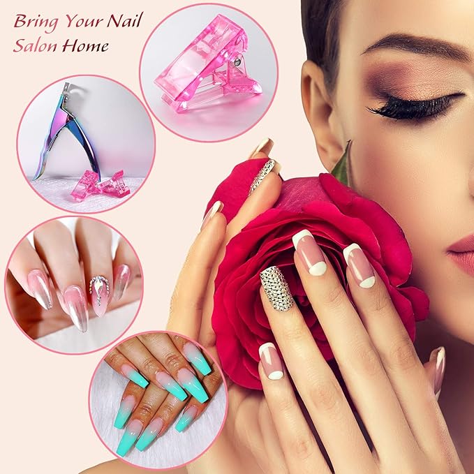 6 Pcs Poly Gel Quick Building Nail Tips Clip Pink Transparent Finger Extension UV LED Builder Nail Tips Clips with 1 Pc Acrylic Nail Tips Clipper Trimmer Cutter for Quick Building Manicure