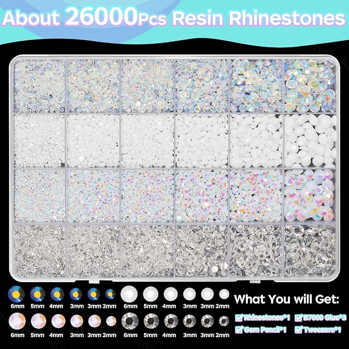 26000PCS White Resin Flatback Rhinestones for Crafting, Resin Rhinestones for Bedazzling Kit, 2/3/4/5/6mm Flatback Gems Jewels for DIY Mugs Tumblers Clothing Shoes Nail Art