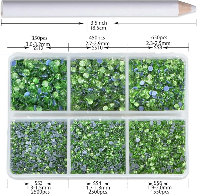 8000pcs Hotfix Rhinestones Flatback,Rhinestones for Crafts Clothes Mixed 6 Sizes, Hotfix Crystals with Wax Pencil Kit, SS3-SS12,Peridot