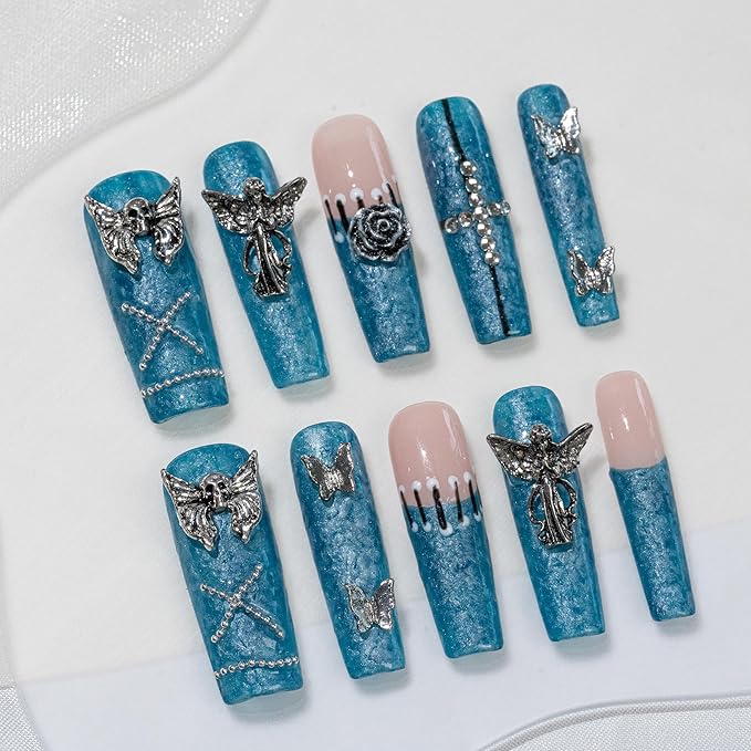 Sun&Beam Nails Handmade Press-on Long Coffin Ballerina Blue Nude Beige Y2K Glam 3D Design Fashion False Nail Tips 10 Pcs Set (#269 L)