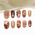 Sun&Beam Nails Handmade Press-on Short Oval Red Pink Gold 3D Flower Japanese Design Fashion False Nail Tips 10 Pcs Set (#210 S)